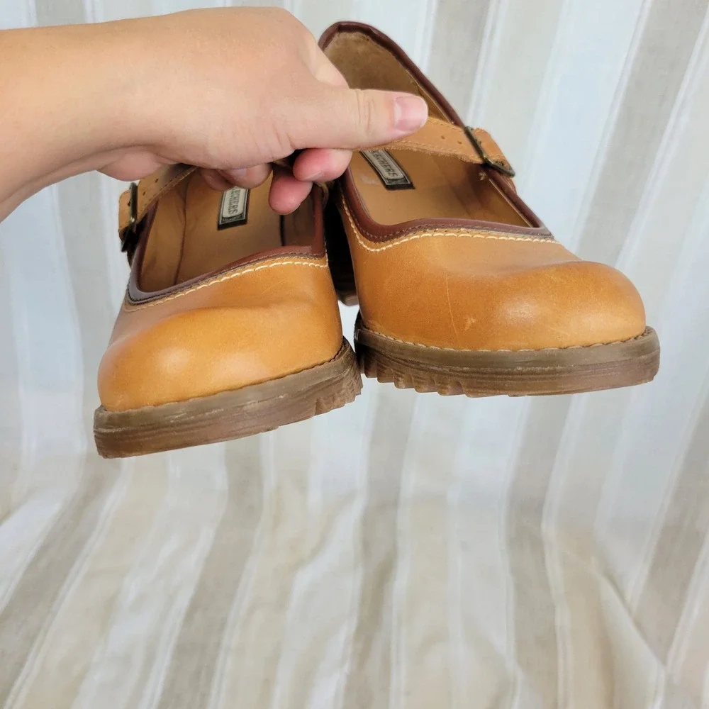 Retro Skechers Leather Heeled Mary Janes Shoes Tan Size 8.5